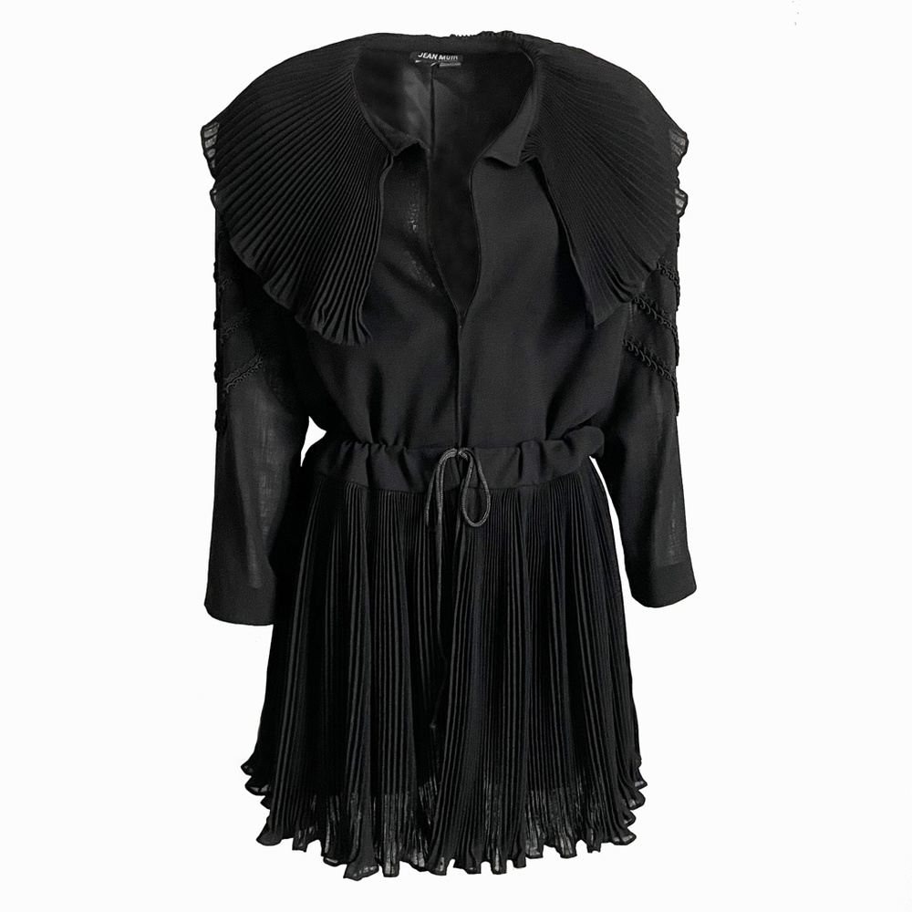 Jean Muir Black Wool Jacket with Micro Pleated Collar & Cinched Waist Vintage